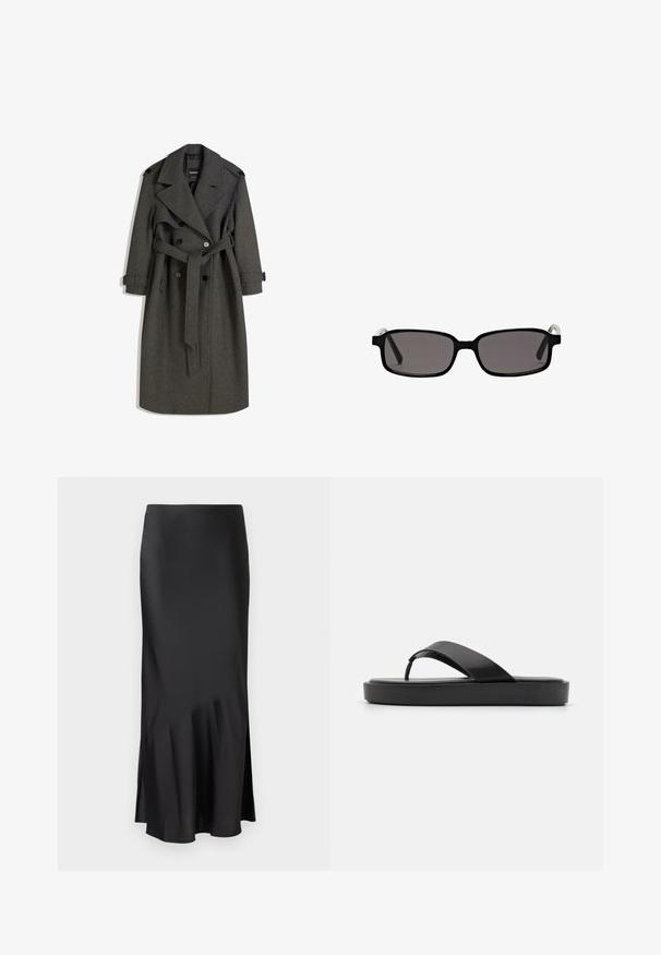 Cappotto lungo grigio in lana con design doppiopetto, ampi rever e cintura abbinata. Presenta bottoni neri e cinturini dei polsini regolabili.; Maglione grigio scuro a maniche corte realizzato in un morbido tessuto lavorato. Presenta un collo rotondo e una vestibilità leggermente rilassata. Design semplice e pulito.; Gonna midi nera in satin con un design elegante, caratterizzata da un leggero svaso all'orlo e uno spacco laterale per facilitare i movimenti. Texture liscia.; Infradito neri con una fascia superiore liscia e una suola piatta strutturata. Design minimalista con una silhouette a profilo basso.; Occhiali da sole neri rettangolari con lenti grigie, montatura in plastica e accentuazioni metalliche sulle tempie. Texture liscia e design minimalista.