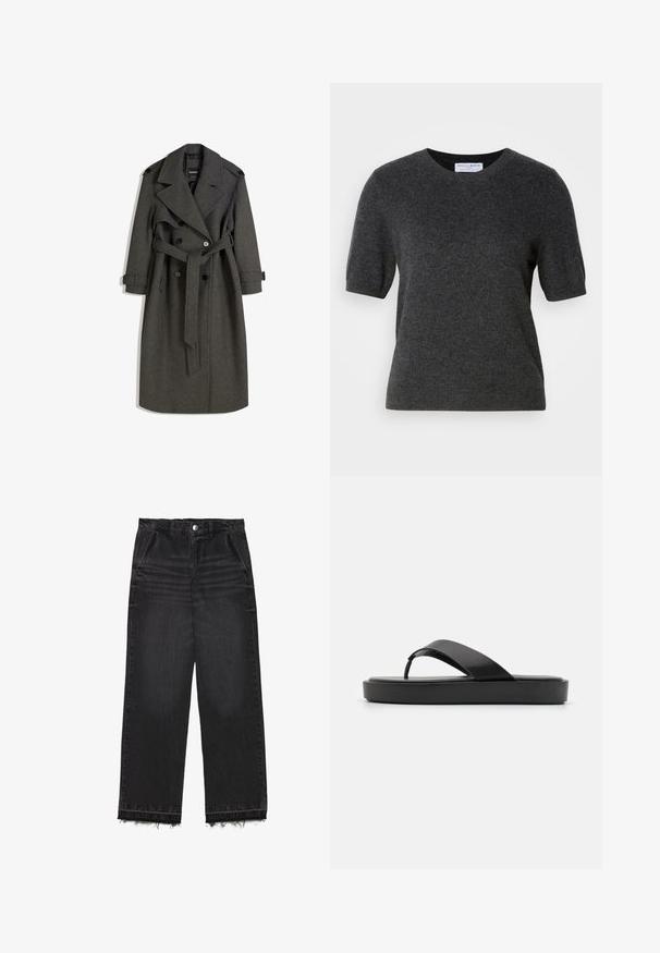 Grå ull trenchcoat med en dubbelknäppt design, breda kragar och ett matchande bälte. Har svarta knappar och justerbara ärmmuddar.; Mörkgrå kortärmad tröja i mjukt, texturerat stickat material. Har en rundad halsringning och en något avslappnad passform. Enkel, ren design.; Svarta jeanstroser med rak bendesign. Har hög midja, fransad fåll och en subtil urblekt textur genomgående. Framfickor ingår.; Svarta flip-flopsandaler med ett slätt övre rem och en texturerad plattformssula. Minimalistisk design med en låg profil silhuett.
