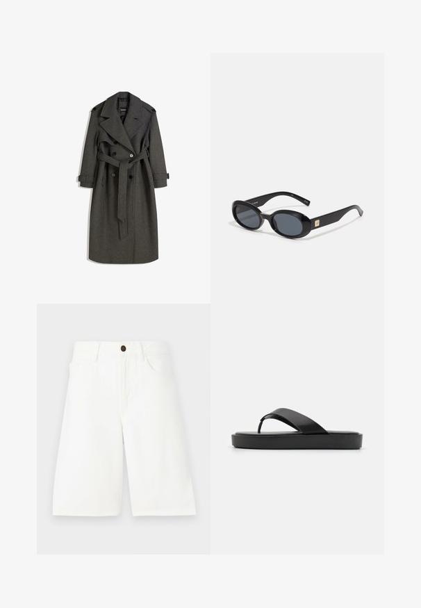 Grahamfarbener Woll-Trenchcoat mit einem doppelreihigen Design, breiten Revers und einem passenden Gürtel. Verfügt über schwarze Knöpfe und verstellbare Manschettenriemen.; Weißes Baumwoll-T-Shirt mit kurzen Ärmeln, Rundhalsausschnitt und lockerer Passform. Glatte Textur und schlichtes Design, keine Muster oder Akzente.; Weiße Jeansshorts mit geradem Schnitt, fünf Taschen, Druckknopfverschluss und subtilen Nähdetails. Glatte Textur.; Schwarze Flip-Flop-Sandalen mit einem glatten Oberriemen und einer strukturierten Plattformsohle. Minimalistisches Design mit einer flachen Silhouette.; Schwarze ovale Sonnenbrillen mit dunklen Gläsern, glänzendem Kunststoffrahmen, breiten Bügeln und einem kleinen goldenen Akzent auf einer Seite.