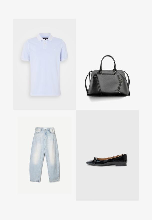 Szürke gyapjú trench coat, kétsoros fazonban, széles hajtókákkal és hozzá illő övvel. Fekete gombokkal és állítható mandzsetta pántokkal rendelkezik.; Világoskék pamut póló, gallérral, két gombos nyitással és egy kis hímzett logóval a bal mellen.; Világoskék farmernadrág, laza szabással, elhasználódott hatással, két elülső zsebbel és gombos zárással a derékrészen.; Fekete lakkbőr balerina cipők hegyes orral, elöl kis masni díszítéssel és alacsony, négyzetes sarokkal. Sima, fényes textúra.; Fekete műbőr táska dupla fogantyúkkal, levehető pánttal, ferde cipzárakkal és ezüst színű fémrészekkel. Texturált felület varrással.
