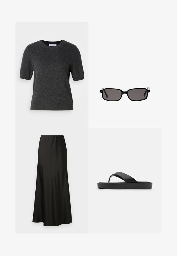 Cappotto lungo grigio in lana con design doppiopetto, ampi rever e cintura abbinata. Presenta bottoni neri e cinturini dei polsini regolabili.; Maglione grigio scuro a maniche corte realizzato in un morbido tessuto lavorato. Presenta un collo rotondo e una vestibilità leggermente rilassata. Design semplice e pulito.; Gonna maxi in satin nero con texture liscia, vita alta e fondo svasato. Caratterizzata da un design semplice senza motivi visibili o accessori.; Infradito neri con una fascia superiore liscia e una suola piatta strutturata. Design minimalista con una silhouette a profilo basso.; Occhiali da sole neri rettangolari con lenti grigie, montatura in plastica e accentuazioni metalliche sulle tempie. Texture liscia e design minimalista.