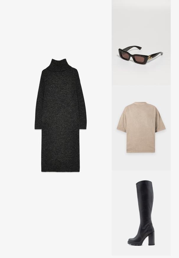 Grahamfarbener Woll-Trenchcoat mit einem doppelreihigen Design, breiten Revers und einem passenden Gürtel. Verfügt über schwarze Knöpfe und verstellbare Manschettenriemen.; Übergroßes beiges T-Shirt mit Rundhalsausschnitt, kurzen Ärmeln und strukturierter Oberfläche. Einfaches Design ohne Muster oder Akzente.; Dunkelgraues gestricktes Turtleneck-Kleid mit lockerer Passform, langen Ärmeln und strukturierter Oberfläche. Verfügt über einen gerippten Kragen und Saum.; Schwarze kniehohe Stiefel aus glattem Leder, mit einem stabilen Absatz, abgerundeter Zehenpartie, strukturiertem Sohlenmaterial mit Grip, elegantes Design ohne Verzierungen.; Schwarz schildpattfarbene Sonnenbrille mit rechteckigen Gläsern, braunem Farbton, dickem Rahmen und goldenen Doppel-G-Logo-Details an den Schläfen.; Schwarze Leder-Hobo-Tasche mit glatter, glänzender Oberfläche, ausgestattet mit einem breiten, geschwungenen Griff und einer dezenten Vorderfalten mit einem metallischen Druckknopfverschluss.; Goldfarbene Creolen Ohrringe mit einem äußeren Rand aus tortoiseshell-musterendem Harz, die eine glatte Oberfläche und eine schlanke, runde Form aufweisen.