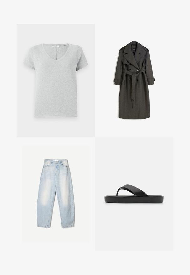 Harmaa villatrenssitakki, jossa on kaksirivinen malli, leveät kaulukset ja yhteensopiva vyö. Takkissa on mustat napit ja säädettävät hihansuut.; Harmaa lyhythihainen t-paita pehmeästä kankaasta, jossa on V-pääntie ja rento malli. Sisältää hienovaraisen tekstuurin ja yksinkertaisen muotoilun.; Vaaleansiniset farkut, joissa on löysä malli, haalistunut pinta, kaksi etutaskua ja nappikiinnitys vyötäröllä.; Mustat flip-flop-sandaalit, joissa on sileä yläremmi ja teksturoitu pohja. Minimalistinen muotoilu matalalla profiililla.