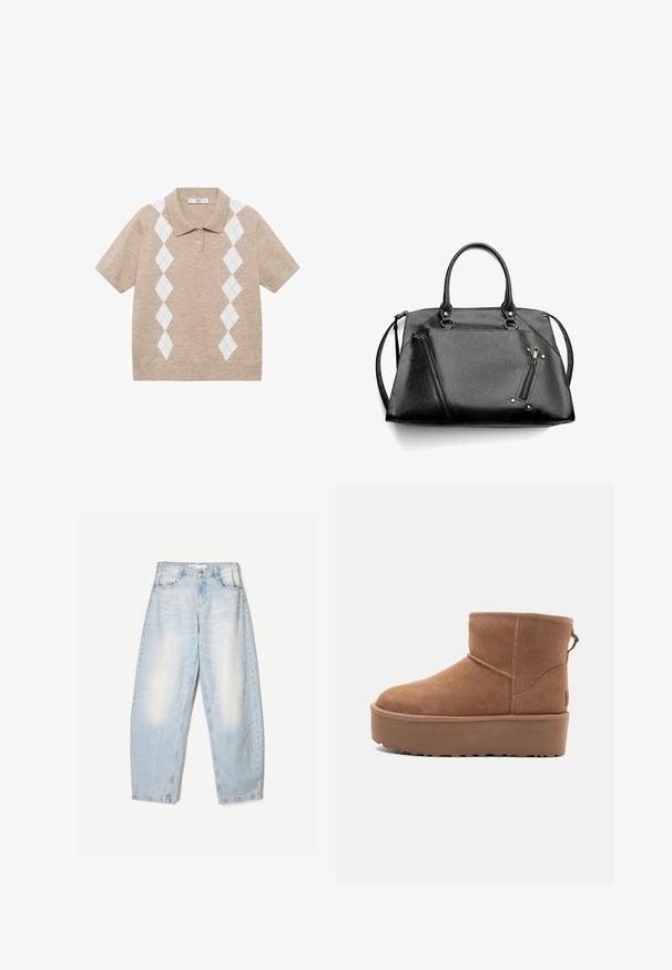 Grå uld trenchcoat med en dobbeltbrystet design, brede klapkraver og et matchende bælte. Har sorte knapper og justerbare манchetter.; Beige kortærmet strik polo-shirt med hvide og lyseblå argyle diamantmønstre på fronten og to knapper ved kraven.; Lyseblå denimbukser med en loose fit, der har en falmet finish, to forlommer og en knaplukning i taljen.; Tan ruskinds ankelstøvle med platformssål, rund tå og syninger; har en løkke bagpå for nem påtagning.; Sort faux læder håndtaske med dobbelte håndtag, en aftagelig rem, skrå lynlåse og sølvfarvet hardware. Tekstureret overflade med syninger.