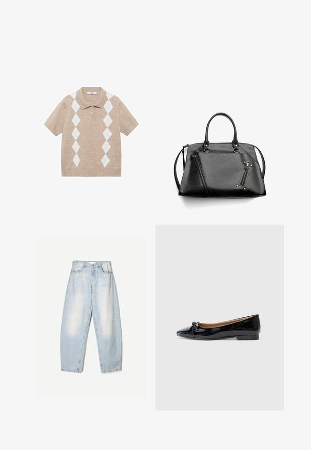 Grå uld trenchcoat med en dobbeltbrystet design, brede klapkraver og et matchende bælte. Har sorte knapper og justerbare манchetter.; Beige kortærmet strik polo-shirt med hvide og lyseblå argyle diamantmønstre på fronten og to knapper ved kraven.; Lyseblå denimbukser med en loose fit, der har en falmet finish, to forlommer og en knaplukning i taljen.; Sorte patenterede læderballetsko med spidse tæer, lille sløjfedetail foran og en lav, firkantet hæl. Glat, skinnende tekstur.; Sort faux læder håndtaske med dobbelte håndtag, en aftagelig rem, skrå lynlåse og sølvfarvet hardware. Tekstureret overflade med syninger.