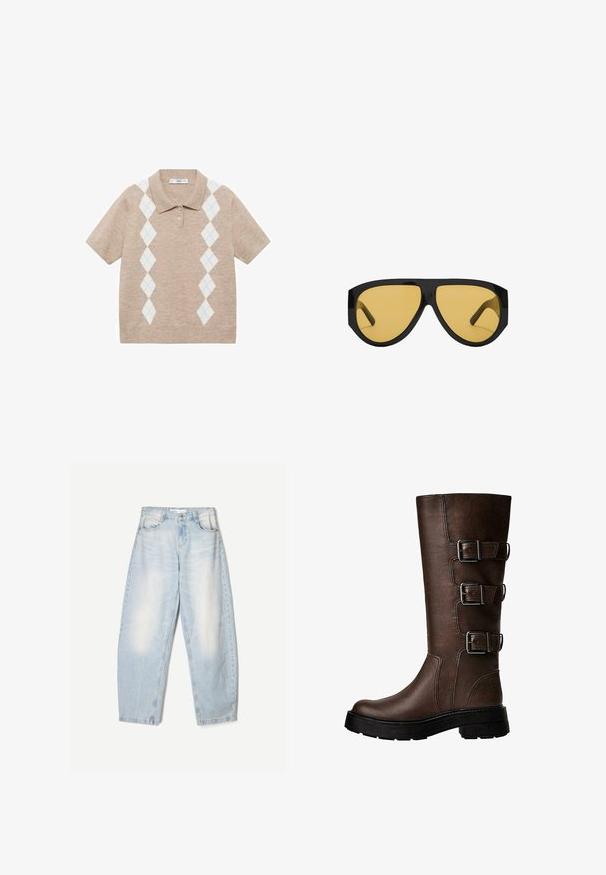 Šedý vlněný trenčkot s dvouřadým designem, širokými klopami a odpovídajícím páskem. Obsahuje černé knoflíky a nastavitelné manžetové popruhy.; Béžové pletené polo tričko s krátkým rukávem, které má na přední straně bílé a světle modré podélné kosočtverce a dvě knoflíky u límce.; Světle modré džíny s volným střihem, s vybledlým povrchem, dvěma předními kapsami a zapínáním na knoflík v pase.; Hnědá kožená vysoká bota po kolena se třemi kovovými sponami, texturovaným povrchem, zaoblenou špičkou a robustní podrážkou pro stabilitu.; Sluneční brýle s elegantním černým plastovým rámem a žlutě tónovanými čočkami, s výrazným úhlovým tvarem a širokými obroučkami pro dodatečné zakrytí.; Černá kabelka z umělé kůže s dvojitými uchy, odnímatelným popruhem, šikmými zipy a stříbrnými kovovými prvky. Texturovaný povrch s švy.