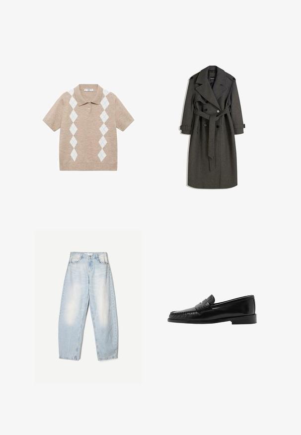 Grijze wollen trenchcoat met een dubbelzijdig ontwerp, brede revers en een bijpassende riem. Voorzien van zwarte knopen en verstelbare manchetten.; Beige polo shirt met korte mouwen van breiwerk, versierd met witte en lichtblauwe ruitpatronen aan de voorkant en twee knopen bij de kraag.; Lichtblauwe denim jeans met een losse pasvorm, voorzien van een vervaagde afwerking, twee voorzakken en een knoopsluiting bij de taille.; Zwarte leren loafer met een gebogen silhouet, decoratieve band, gestructureerde stitching en een platte rubberen zool. Glad afwerking en slank ontwerp.