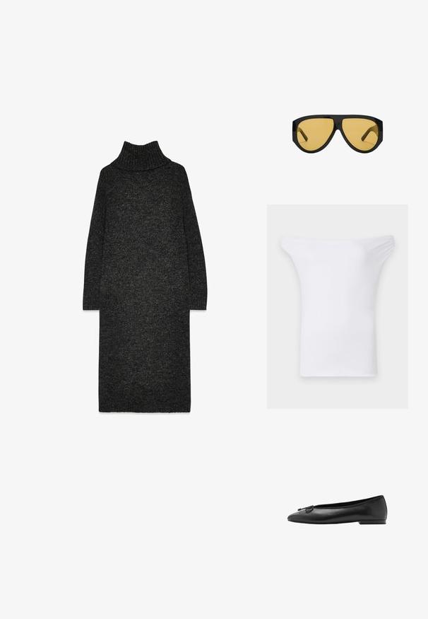 Grå uld trenchcoat med en dobbeltbrystet design, brede klapkraver og et matchende bælte. Har sorte knapper og justerbare манchetter.; Hvid off-shoulder top lavet af glat, strækbart stof. Har en bred halsudskæring og korte ærmer med en tætsiddende pasform.; Mørkegrå strikket turtleneck-kjole med afslappet pasform, lange ærmer og en tekstureret overflade. Har en ribbet krave og kant.; Sorte læder balletflader med rund tå, slank silhuet og en dekorativ sløjfe på fronten. Lav, rektangulær hæl.; Sunglasses med en slank sort plastisk ramme og gule tonede linser, med en karakteristisk vinkelret form og brede stigegler for ekstra dækning.; Sort læder hobo taske med en glat, skinnende overflade, der har et bredt, buet håndtag og en diskret frontfold med en metallisk trykknaplukning.