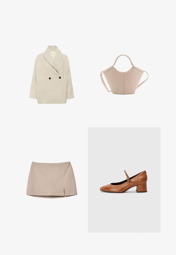 Soaked in Luxury - Krótki płaszcz; Brązowa, oversize krótka koszulka z rękawem, z okrągłym dekoltem i małym haftem logo umieszczonym na środku klatki piersiowej.; Beżowa, dopasowana spódnica z teksturowanej tkaniny, z delikatnym bocznym rozcięciem. Prosty design nie zawiera dodatkowych akcesoriów ani wzorów.; Tamaris - Czółenka; Beżowa skórzana torebka o unikalnym kształcie, z dwoma krótkimi uchwytami i długim, regulowanym paskiem. Gładka tekstura z minimalną ilością elementów metalowych.