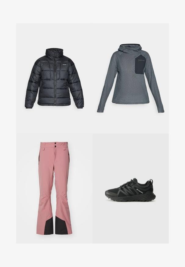 Black puffer jacket with high collar, quilted pattern, and zippered front. Features two side pockets and elastic cuffs.; Gray textured long-sleeve hooded pullover with black zippered chest pocket labeled "Peak Performance."; Pink ski pants with a waterproof material, featuring a wide leg design, black accents at the ankles, and two front buttons at the waist.; Columbia PEAKFREAK - Hiking shoes - black