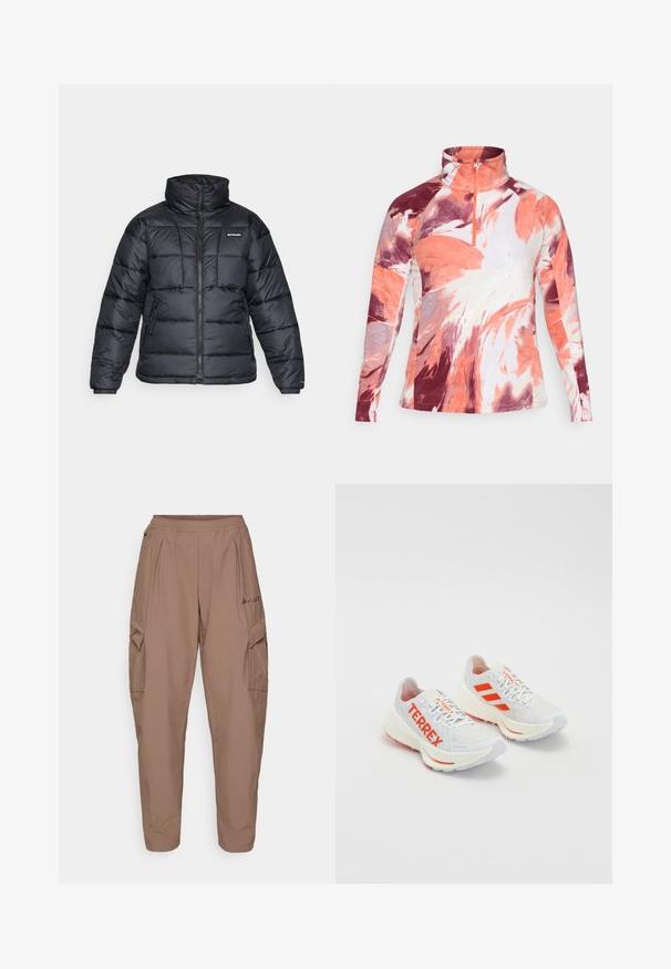 Mustat puffatakit, joissa on korkea kaulus, päivitysympäristö ja vetoketjullinen etuosa. Varustettu kahdella sivutaskulla ja joustavilla hihansuilla.; Fleece-pullover med høj krave, der har lynlås. Farverne inkluderer orange, hvid og burgundy i et blomsterdesign. Blød tekstur.; Ruskeat cargo-housut elastisella vyötäröllä, kahdella sivutaskulla ja teksturoidulla kankaalla. Etuosassa logon brodeeraus.; Valkoiset juoksukengät oransseilla yksityiskohdilla. Verkkomateriaali, pyöreä kärki ja paksu välikerros. "TERREX" painettuna sivupinnalle ja kolme raitaa kannassa.