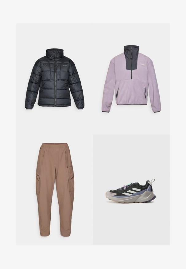 Mustat puffatakit, joissa on korkea kaulus, päivitysympäristö ja vetoketjullinen etuosa. Varustettu kahdella sivutaskulla ja joustavilla hihansuilla.; Laventelinvärinen fleecetakki, jossa on musta neljänneksen vetoketju, korkea kaulus, vetoketjulliset sivutaskut ja Columbia-logo vasemmassa rinnassa.; Ruskeat cargo-housut elastisella vyötäröllä, kahdella sivutaskulla ja teksturoidulla kankaalla. Etuosassa logon brodeeraus.; Musta urheilukengä, jossa on Gore-Tex-päällinen, valkoiset raidat, violetit yksityiskohdat, paksu harmaa välipohja ja teksturoitu harmaa ulkopohja pidon parantamiseksi.