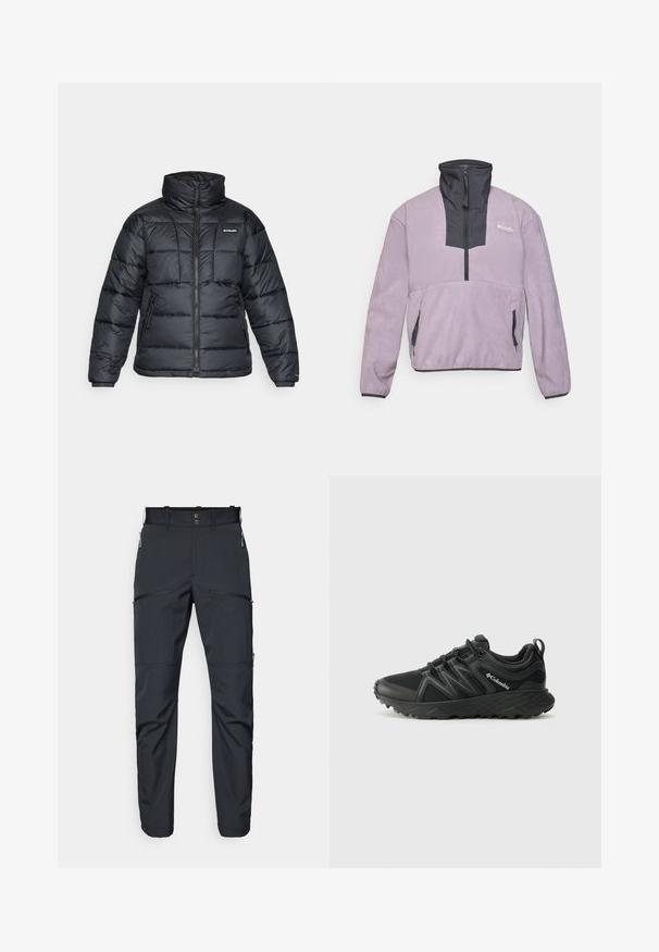 Černá prošívaná bunda s vysokým límcem, prošívaným vzorem a zipovým zapínáním. Obsahuje dvě boční kapsy a elastické manžety.; Fialový fleece pulovr s černým čtvrtzipem, vysokým límcem, kapsami na zip po stranách a logem Columbia na levé hrudi.; Tmavě šedé kalhoty vyrobené z lehkého, hladkého materiálu. Mezi vlastnosti patří kapsy na zip a plochý přední design s poutky na pás.; Columbia PEAKFREAK - Trekingové boty - black