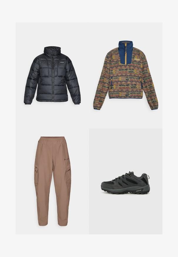 Fekete puffermellény magas gallérral, steppelt mintával és cipzáras elülső résszel. Két oldalsó zsebe és rugalmas mandzsettái vannak.; Többszínű pulóverdzseki mintás fleecetesttel, tengerészkék gallérral és mellkasi panellel, cipzáros záródással és sárga részletekkel ellátott oldalzsebbel.; Barna cargo nadrág rugalmas derékkal, két oldalsó zsebbel és texturált anyagból készült. Elöl logó hímzés található.; Columbia REDMOND - Túracipők - black/citron haze