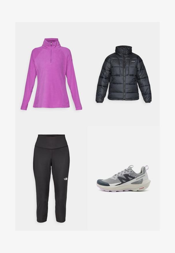 Črna pihasta jakna z visokim ovratnikom, prešitimi vzorci in zadrgo spredaj. Ima dve stranski žepki in elastične manšete.; Fleece pulover v svetlo roza barvi, z ovratnikom na pol zadrgo, dolgimi raglan rokavi in gladko teksturo brez vidnih vzorcev ali dodatkov.; Črne capri legice iz raztegljive tkanine, z visokim pasom in majhnim belim logotipom na levi strani. Gladka tekstura.; Salomon teka za tek v sivi in mornarsko modri barvi ima zračen mrežast zgornji del, gumijasto kapico za prste in teksturiran podplat z lila akcenti.