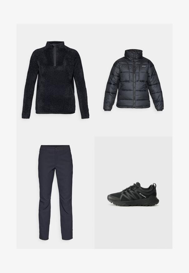 Giubbotto trapuntato nero con collo alto, motivo a cucitura e chiusura con zip. Presenta due tasche laterali e polsini elasticizzati.; Pullover in pile grigio scuro con colletto a mezza zip, maniche lunghe, superficie testurizzata e vestibilità ampia. Design semplice e funzionale.; Pantaloni blu navy realizzati in tessuto liscio, con chiusura frontale a bottone, design slim-fit e pieghe decorative sulle ginocchia.; Columbia PEAKFREAK - Scarpa da hiking - black