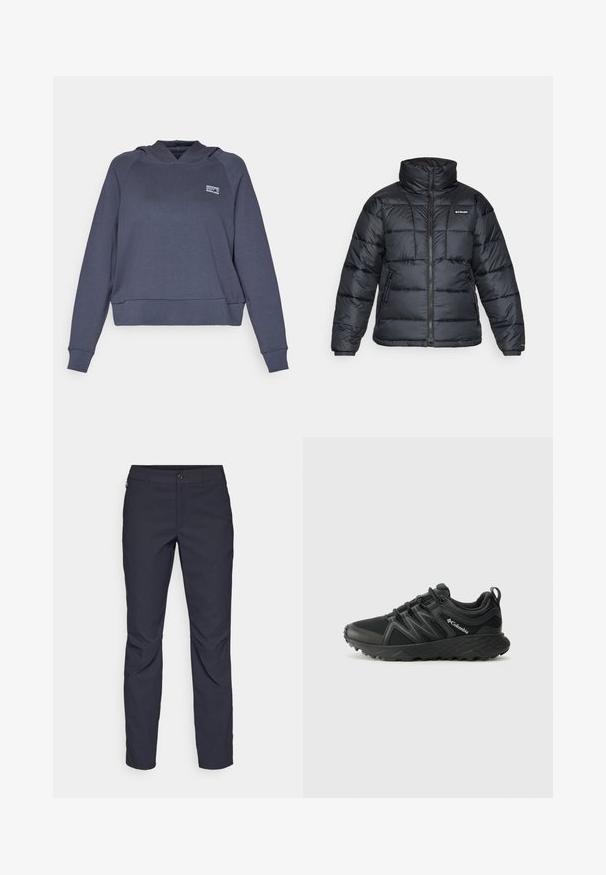 Casaco puffer preto com gola alta, padrão acolchoado e fecho éclair à frente. Apresenta dois bolsos laterais e punhos elásticos.; Sweatshirt cropped azul marinho com capuz, apresentando mangas raglan e um pequeno logotipo colorido na área do peito esquerdo. Tecido em mistura de algodão.; Calças azul-marinho feitas de tecido liso, com fecho frontal em botão, design slim-fit e detalhes pregueados nos joelhos.; Columbia PEAKFREAK - Sapatos de caminhada - black