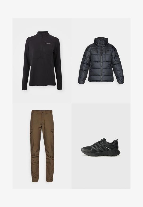 Zwarte pufferjack met hoge kraag, gestikt patroon en rits aan de voorkant. Beschikt over twee zijzakken en elastische manchetten.; Zwarte lange mouwen pullover gemaakt van textuurmateriaal, met een halve rits, hoge kraag en een ritssluiting op de borst. Merkenlogo aan de voorkant.; Bruine cargo broek gemaakt van een stevig materiaal, met zijzakken en een recht model. Getextureerde afwerking met riemlussen.; Columbia PEAKFREAK - Outdoorschoenen - black