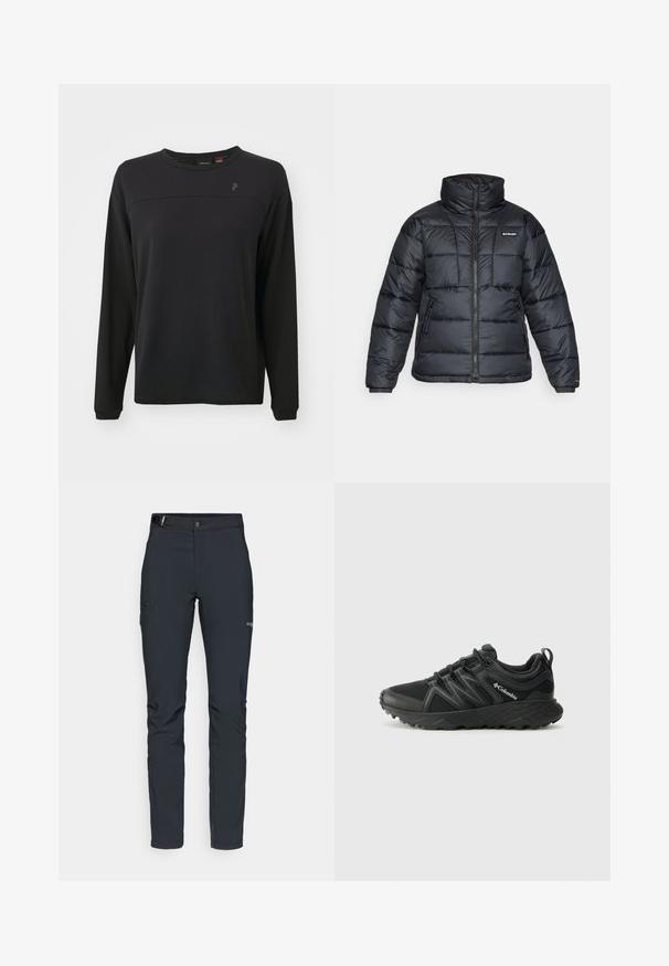 Black puffer jacket with high collar, quilted pattern, and zippered front. Features two side pockets and elastic cuffs.; Black long-sleeve shirt with textured fabric, round neck, and a subtle logo on the chest. Features a relaxed fit and stitched detailing.; Men's outdoor pants, dark gray, made from flexible material, featuring a belt, zippered pockets, and reinforced stitching.; Columbia PEAKFREAK - Hiking shoes - black