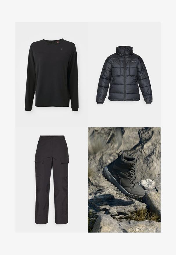 Musternatukamm, millel on kõrge krae, tikitud muster ja tõmblukuga esiosa. Sellel on kaks küljetaskut ja elastsed mansetid.; Must musta, millel on tekstureeritud kangas, ümar kaelus ja diskreetne logo rinnal. Omab lõdvaistumist ja õmblusteks detaile.; Mustad mustat cargos püksid, mis on valmistatud vastupidavast kangast, mitmete küljepocketitega, nööbiga kinnitusega ning lõtvade sirgete jalgadega.; Tumehallid matkajalatsid, mis on valmistatud sünteetilisest materjalist, omavad pehmendatud kaelaosa, metallist silmuseid ja tekstuurset kummist tallat, mis tagab haarduvuse.