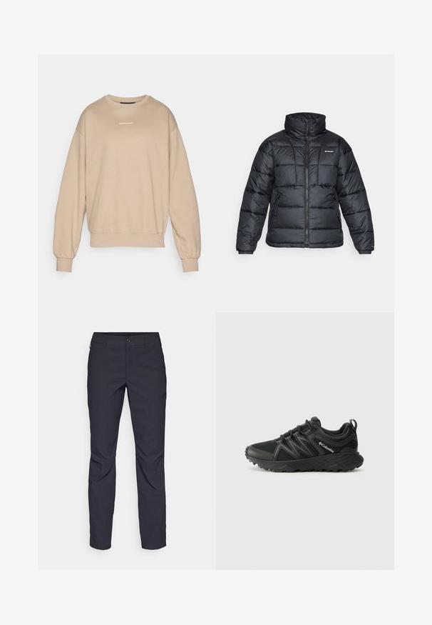 Giubbotto trapuntato nero con collo alto, motivo a cucitura e chiusura con zip. Presenta due tasche laterali e polsini elasticizzati.; Felpa beige realizzata in morbido tessuto, con collo rotondo, polsini a coste e un piccolo logo bianco sul petto. Vestibilità strutturata e rilassata.; Pantaloni blu navy realizzati in tessuto liscio, con chiusura frontale a bottone, design slim-fit e pieghe decorative sulle ginocchia.; Columbia PEAKFREAK - Scarpa da hiking - black
