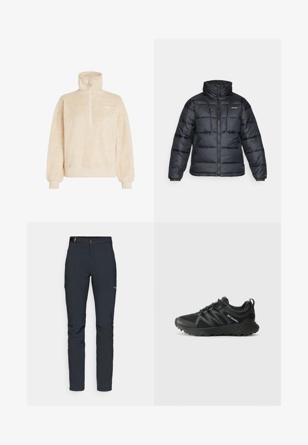 Jachetă pufată neagră cu guler înalt, model matlasat și închidere cu fermoar. Dispune de două buzunare laterale și manșete elastice.; Pulover bej din fleece moale, cu guler înalt, fermoar pe jumătate, manșete cu nervuri și un model subtil de leopard, branduit O'Neill pe piept.; Pantaloni de exterior pentru bărbați, gri închis, fabricați dintr-un material flexibil, cu un brâu, buzunare cu fermoar și cusături consolidate.; Columbia PEAKFREAK - Pantofi drumeție - black