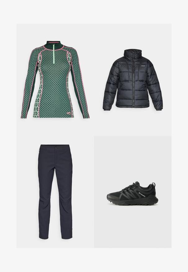 Fekete puffermellény magas gallérral, steppelt mintával és cipzáras elülső résszel. Két oldalsó zsebe és rugalmas mandzsettái vannak.; Sötétzöld, hosszú ujjas sportfelső, geometrikus mintázattal, rózsaszín részletekkel és félig cipzáras nyakmegoldással a szellőzés érdekében.; Sötétkék nadrág sima anyagból, elülső gombos záródással, slim-fit fazonnal és gyűrött részletekkel a térdeken.; Columbia PEAKFREAK - Túracipők - black