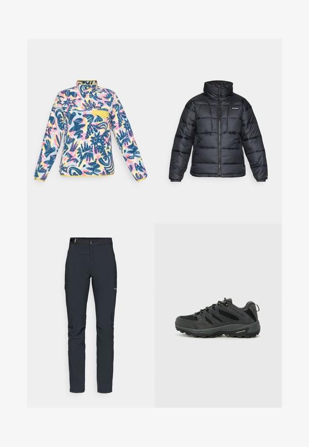 Czarna puchowa kurtka z wysokim kołnierzem, pikowanym wzorem i zamek błyskawiczny z przodu. Posiada dwie boczne kieszenie i elastyczne mankiety.; Polarowy pulower z wielokolorowym wzorem kwiatowym, z akcentami w kolorze niebieskim, żółtym i różowym; posiada zamek błyskawiczny na ćwierć długości oraz kieszeń na piersi z guzikiem.; Męskie spodnie outdoorowe, ciemnoszare, wykonane z elastycznego materiału, z paskiem, kieszeniami na zamek oraz wzmocnionymi szwami.; Columbia REDMOND czarny