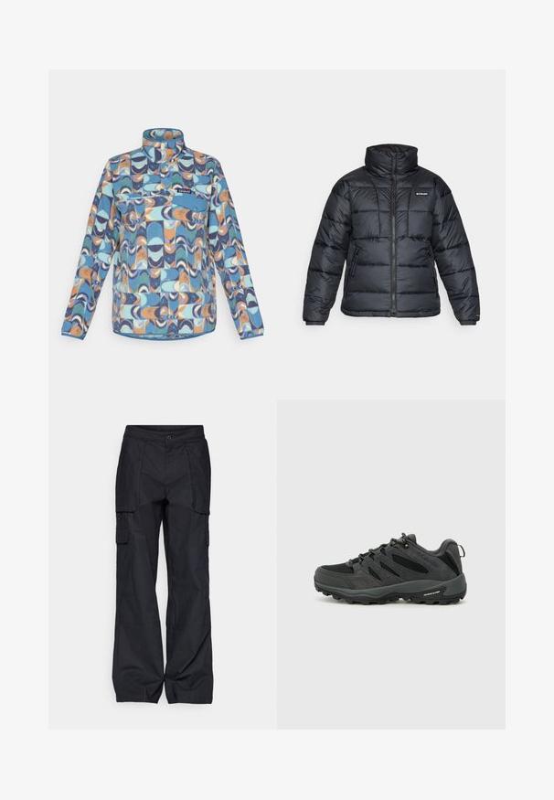 Svart puffjacka med hög krage, quiltat mönster och zippered front. Har två sidofickor och elastiska handledar.; Fleece-pull i blått med abstrakt geometriskt mönster i orange, aquamarine och marinblått. Har en hög krage och en bröstficka med tryckknapp.; Columbia BREA FALLS™ COTTON RIPSTOP PANT - Friluftsbyxor - black; Columbia REDMOND - Hikingskor - black/citron haze