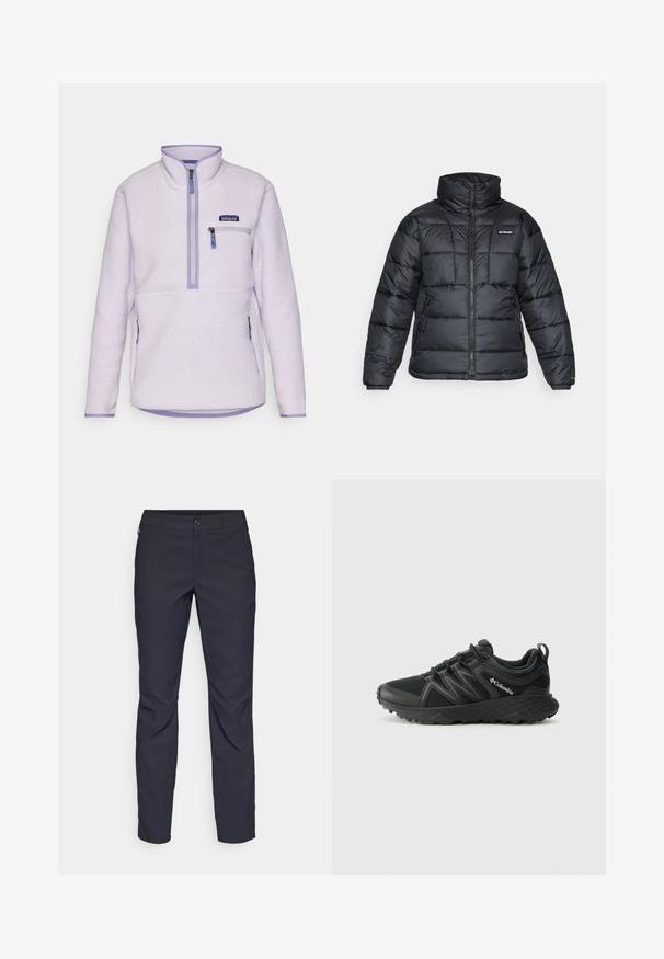 Juodas pūkuotas švarkas su aukštu apykakle, išsiuvinėtu raštu ir užtrauktuku priekyje. Yra dvi šoninės kišenės ir elastingi rankogaliai.; Šviesiai purpurinis flisinis megztinis su ketvirčio užtrauktuku, turintis užtraukiamą krūtinės kišenę, tekstūruotą audinį ir kontrastingus purpurinius akcentus ant rankovių ir apačios.; Tamsiai mėlynos kelnės, pagamintos iš lygaus audinio, su priekiniais mygtukais, lieknos silueto ir raukšlėmis ant kelių.; Columbia PEAKFREAK - Turistiniai batai - black