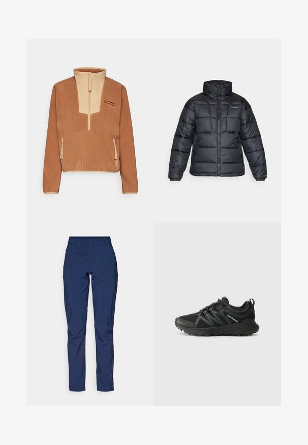 Black puffer jacket with high collar, quilted pattern, and zippered front. Features two side pockets and elastic cuffs.; Columbia SEQUOIA GROVE™ 1/2 ZIP - Fleece jumper - camel brown/canoe; Navy blue trousers made from smooth fabric, featuring a classic fit, front pockets, and a zip fly with a button closure.; Columbia PEAKFREAK - Hiking shoes - black