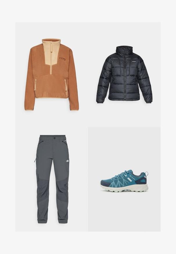 Schwarze Pufferjacke mit hohem Kragen, gestepptem Muster und Reißverschluss vorne. Hat zwei Seitentaschen und elastische Ärmelabschlüsse.; Columbia SEQUOIA GROVE™ 1/2 ZIP - Fleecepullover - camel brown/canoe; Dunkelgraue Outdoor-Hosen mit verstärkten Kniebereichen, seitlichen und vorderen Taschen mit Reißverschluss, Knopfverschluss und dem The North Face-Logo auf dem Oberschenkel.; Columbia PEAKFREAK™ II OUTDRY™ - Hikingschuh - blue heron/skylight