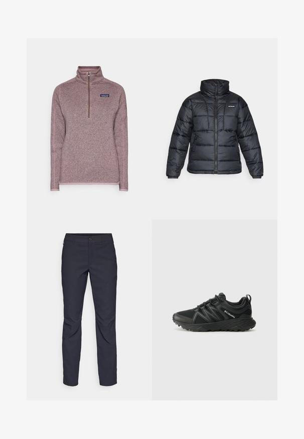 Schwarze Pufferjacke mit hohem Kragen, gestepptem Muster und Reißverschluss vorne. Hat zwei Seitentaschen und elastische Ärmelabschlüsse.; Patagonia BETTER SWEATER 1/4 ZIP - Strickpullover - stormy mauve; Marineblaue Hose aus glattem Stoff mit einem vorderen Knopfverschluss, schlankem Schnitt und gefalteten Details an den Knien.; Columbia PEAKFREAK - Hikingschuh - black
