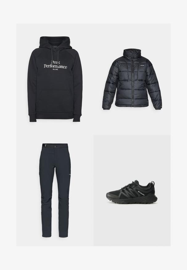 Giubbotto trapuntato nero con collo alto, motivo a cucitura e chiusura con zip. Presenta due tasche laterali e polsini elasticizzati.; Peak Performance ORIGINAL HOOD - Felpa con cappuccio - black/off white; Pantaloni da uomo per attività all'aperto, grigio scuro, realizzati in materiale elastico, dotati di cintura, tasche con zip e cuciture rinforzate.; Columbia PEAKFREAK - Scarpa da hiking - black
