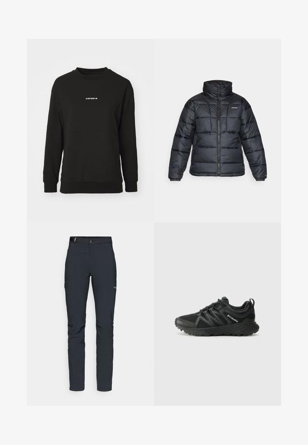 Giubbotto trapuntato nero con collo alto, motivo a cucitura e chiusura con zip. Presenta due tasche laterali e polsini elasticizzati.; Felpa nera realizzata in materiale testurizzato. Presenta un colletto tondo, maniche lunghe e un logo centrale bianco, con un orlo aderente.; Pantaloni da uomo per attività all'aperto, grigio scuro, realizzati in materiale elastico, dotati di cintura, tasche con zip e cuciture rinforzate.; Columbia PEAKFREAK - Scarpa da hiking - black