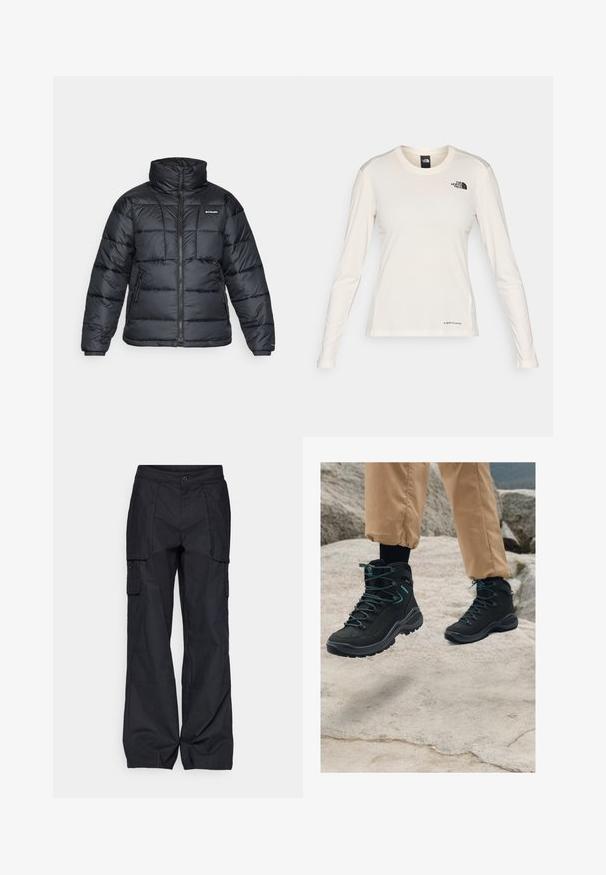 Czarna puchowa kurtka z wysokim kołnierzem, pikowanym wzorem i zamek błyskawiczny z przodu. Posiada dwie boczne kieszenie i elastyczne mankiety.; The North Face - Bluzka z długim rękawem; Columbia - Długie spodnie trekkingowe; Czarne buty wędrówkowe z teksturowanego materiału, solidna konstrukcja, niebieskie akcenty oraz trwałe podeszwy, umieszczone na skalistym terenie.