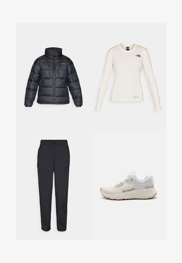 Musternatukamm, millel on kõrge krae, tikitud muster ja tõmblukuga esiosa. Sellel on kaks küljetaskut ja elastsed mansetid.; The North Face SHADOW LONG SLEEVE - Pikkade varrukatega topp - white dune; Mustad mustriga püksid elastse vöökoha, mitme lukuga tasku ja paneelõmblustega, lisades tekstuuri ja disaini.; Kerged Columbia spordijalanõud valgest võrgust, millel on tekstureeritud hall tall ja kummist haardepind. Omaduseks on polsterdatud krae ja nööridega kinnitussüsteem.