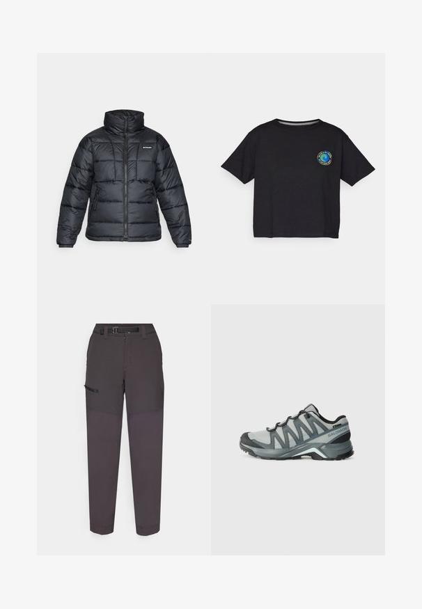 Fekete puffermellény magas gallérral, steppelt mintával és cipzáras elülső résszel. Két oldalsó zsebe és rugalmas mandzsettái vannak.; Fekete pamut rövid ujjú póló, melynek mellkasán egy kör alakú, színes logó található. Egyenes alj és laza szabás jellemzi.; Sötétszürke cargo nadrág, könnyű anyagból készült, tartós derékpánttal, elülső cipzárral és oldalsó zsebbel, melynek fedéllel van ellátva, tépőzárral.; Könnyű túrázó cipők szürke hálóból, sötét részletekkel. Texturált talppal és párnázott sarokkal rendelkezik a kényelem és a tapadás érdekében.