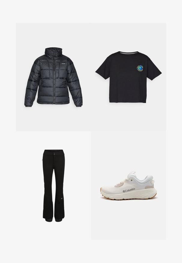 Svart puffjacka med hög krage, quiltat mönster och zippered front. Har två sidofickor och elastiska handledar.; Svart bomullst-shirt med kort ärm som har en rund, flerfärgad logotyp på bröstet. Rak nederkant och avslappnad passform.; Svarta snöbyxor med en elegant design, gjorda av slitstarkt material. Har zip-fickor och elastiska manschetter vid benen med varumärkeslogotyp.; Lätt Columbia träningssko i vit mesh med en texturerad grå sula och gummitraktion. Har en vadderad krage och snörningsdesign.