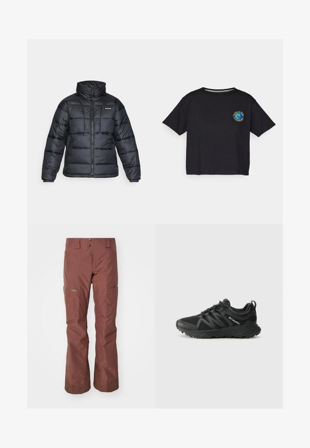 Čierna bundová izolácia s vysokým golierom, prešívaný vzor a zipsovým predným zapínaním. Obsahuje dve bočné vrecká a elastické manžety.; Čierne bavlnené tričko s krátkym rukávom s kruhovým viacfarebným logom na hrudi. Priamy lem a voľný strih.; Hnedé vodotesné lyžiarske nohavice s voľným strihom, zipsovými vreckami a textúrovanými manžetami. Majú hladký povrch a odolný materiál.; Columbia PEAKFREAK - Turistické topánky - black