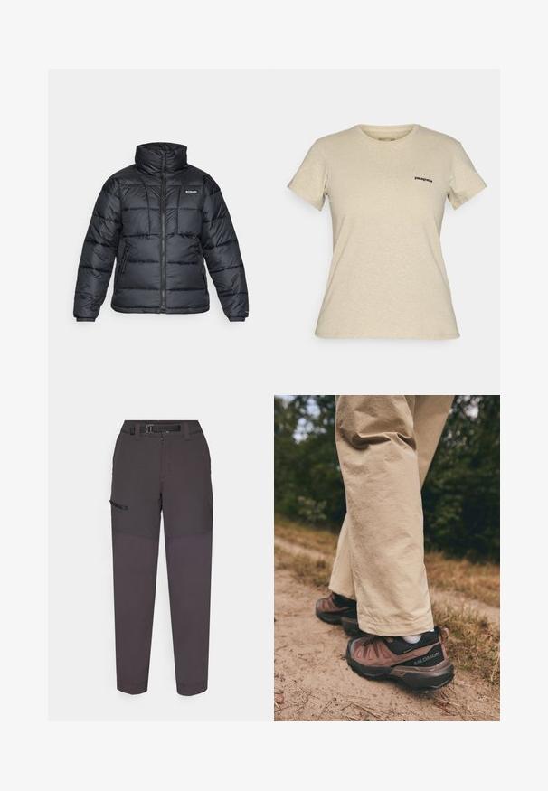 Schwarze Pufferjacke mit hohem Kragen, gestepptem Muster und Reißverschluss vorne. Hat zwei Seitentaschen und elastische Ärmelabschlüsse.; Beige Patagonia Kurzarm-Shirt mit Rundhalsausschnitt und kleinem schwarzen Logo auf der linken Brust, auf einem schlichten Hintergrund präsentiert.; Dunkelgraue Cargo-Hose aus leichtem Material, mit einem strapazierfähigen Bund, einem Frontreißverschluss und einer Seitentasche mit einem Klettverschlussklappe.; Salomon X ULTRA 360 LTR GORE TEX - Hikingschuh - cognac/peppercorn/black