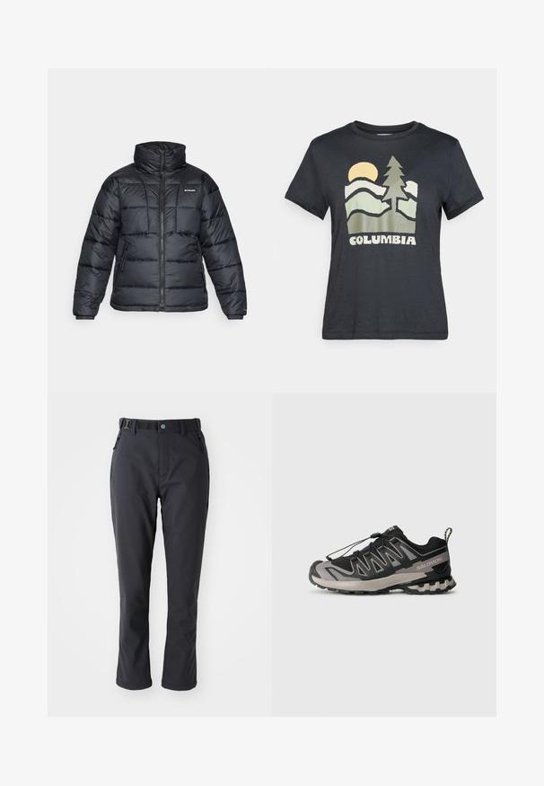 Musternatukamm, millel on kõrge krae, tikitud muster ja tõmblukuga esiosa. Sellel on kaks küljetaskut ja elastsed mansetid.; Tumehall sinine T-särk, millel on kollane päike, rohelised mäed ja puu sõna "Columbia" kohal valgetes tähtedes.; Columbia LEADER CREST™ PANT - Õuepüksid - black; Must mustriline ja hallid spordijalatsid, millel on võrgu ülemine osa, kummist põhi ja elastne nööri süsteem. Omab tugevdatud varvaskatet ja tekstuursete aktsentidega detaile.