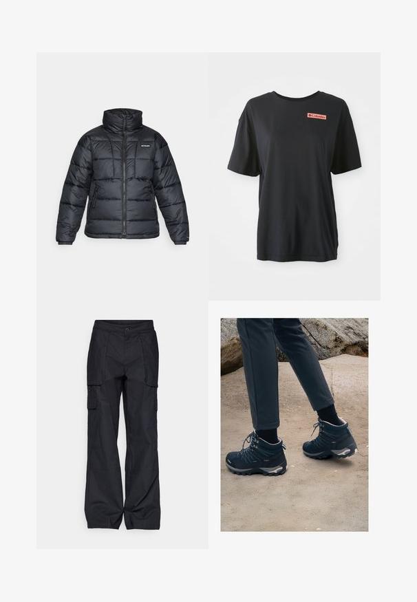 Černá prošívaná bunda s vysokým límcem, prošívaným vzorem a zipovým zapínáním. Obsahuje dvě boční kapsy a elastické manžety.; Černé bavlněné tričko s krátkým rukávem, volný střih a červený obdélníkový logo na levé části hrudi. Hladká textura a jednoduchý design.; Columbia BREA FALLS™ COTTON RIPSTOP PANT - Outdoorové kalhoty - black; Tmavě modré turistické boty s texturovanou síťovinou, šňůrkami a gumovými podrážkami, doplněné tmavými kalhotami, umístěné na písčitém, skalnatém pozadí.