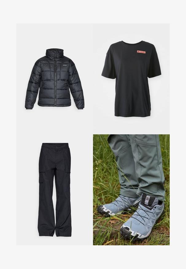 Schwarze Pufferjacke mit hohem Kragen, gestepptem Muster und Reißverschluss vorne. Hat zwei Seitentaschen und elastische Ärmelabschlüsse.; Schwarzes Baumwoll-T-Shirt mit kurzen Ärmeln, lockerer Passform und einem roten rechteckigen Logo auf der linken Brust. Glatte Textur und schlichtes Design.; Columbia BREA FALLS™ COTTON RIPSTOP PANT - Outdoor-Hose - black; Graue Trailrunning-Schuhe mit strukturiertem Obermaterial, schwarzen Schnürsenkeln und einer robusten Sohle, kombiniert mit enganliegenden grünen Hosen im Grasgelände.