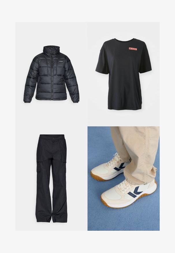 Black puffer jacket with high collar, quilted pattern, and zippered front. Features two side pockets and elastic cuffs.; Black cotton T-shirt with short sleeves, relaxed fit, and a red rectangular logo on the left chest. Smooth texture and simple design.; Columbia BREA FALLS™ COTTON RIPSTOP PANT - Outdoor trousers - black; Light beige athletic shoes with dark blue accents, textured upper, and rubber outsole. Laces and padded collar for comfort.