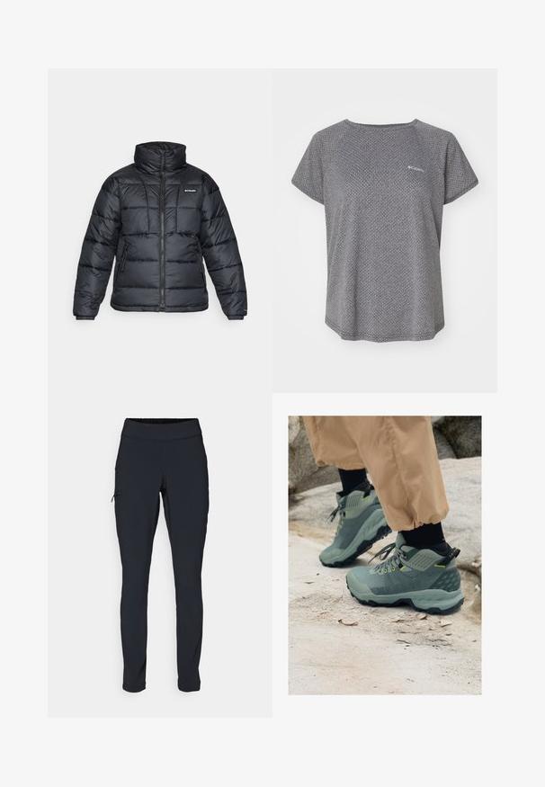 Schwarze Pufferjacke mit hohem Kragen, gestepptem Muster und Reißverschluss vorne. Hat zwei Seitentaschen und elastische Ärmelabschlüsse.; Graues Kurzarmshirt mit einem subtilen Strukturmuster, Rundhalsausschnitt und Columbia-Logo auf der Brust. Weicher Stoff, lässige Passform.; Schwarze Sporthose im Slim-Fit, mit elastischem Bund und einer seitlichen Gesäßtasche mit Reißverschluss. Glattes, dehnbares Material mit minimalen Nähten.; Mammut Outdoor-Schuhe in gedämpftem Grün mit strukturiertem Obermaterial, gelben Akzenten und robuster schwarzer Sohle. Strapazierfähiges Design für Freizeitaktivitäten im Freien.