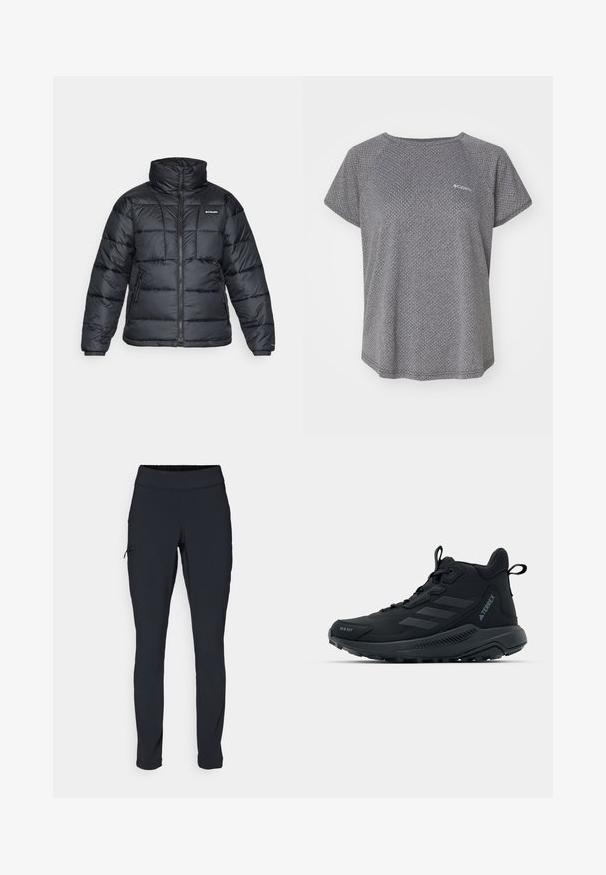 Mustat puffatakit, joissa on korkea kaulus, päivitysympäristö ja vetoketjullinen etuosa. Varustettu kahdella sivutaskulla ja joustavilla hihansuilla.; Harmaa lyhythihainen paita, jossa on hillitty tekstuuri, pyöreä pääntie ja Columbia-logo rinnassa. Pehmeä kangas, rento istuvuus.; Musta urheiluhousut slim fit -mallilla, joustavalla vyötärönauhalla ja sivutaskulla, jossa on vetoketju. Sujuva, venyvä kangas, jossa on minimaalinen sauma.; Musta vaelluskengä, jossa on teksturoitu päällinen, vahvistettu varvasosa ja kumipohja. Varustettu kolmen raidallisen muotoilun ja pehmustetun nilkkaremmimaisesti tuen tarjoamiseksi.