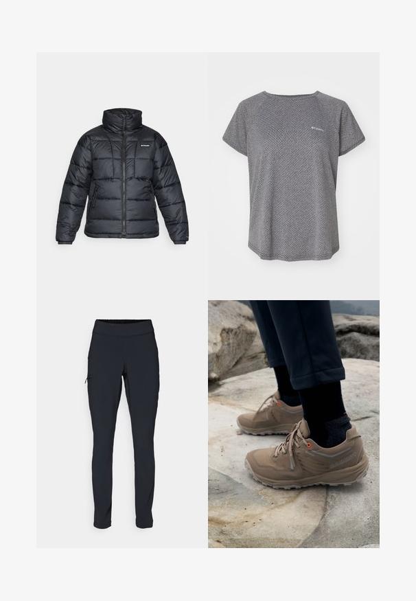 Črna pihasta jakna z visokim ovratnikom, prešitimi vzorci in zadrgo spredaj. Ima dve stranski žepki in elastične manšete.; Siva majica s kratkimi rokavi z diskretnim teksturiranim vzorcem, okroglim izrezom in Columbia logotipom na prsih. Mehka tkanina, sproščen kroj.; Črne športne hlače s slim fit krojem, elastičnim pasom in stransko žepom z zadrgo. Gladek, raztegljiv material z minimalnimi šivi.; Bež planinski čevlji, izdelani iz nobuk usnja in mrežice, z sivo dekoracijo in živimi oranžnimi luknjicami. Vidna blagovna znamka Gore-Tex na strani.