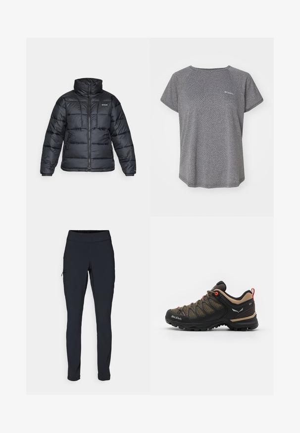 Mustat puffatakit, joissa on korkea kaulus, päivitysympäristö ja vetoketjullinen etuosa. Varustettu kahdella sivutaskulla ja joustavilla hihansuilla.; Harmaa lyhythihainen paita, jossa on hillitty tekstuuri, pyöreä pääntie ja Columbia-logo rinnassa. Pehmeä kangas, rento istuvuus.; Musta urheiluhousut slim fit -mallilla, joustavalla vyötärönauhalla ja sivutaskulla, jossa on vetoketju. Sujuva, venyvä kangas, jossa on minimaalinen sauma.; Musta ja ruskea vaelluskengät, joissa on verkkomateriaali päällinen, punaiset yksityiskohdat, vahvistettu kärki ja teksturoidut kumipohja pitoa varten.