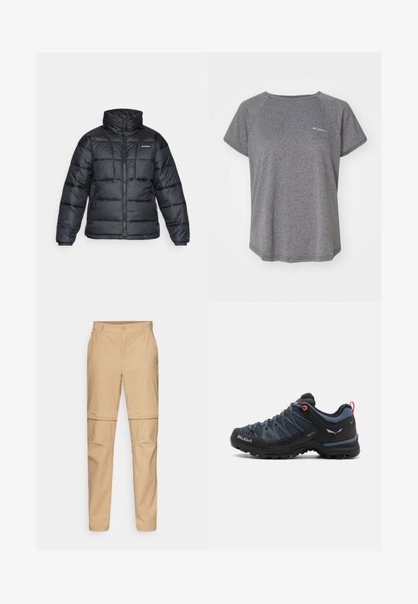 Giubbotto trapuntato nero con collo alto, motivo a cucitura e chiusura con zip. Presenta due tasche laterali e polsini elasticizzati.; Maglietta grigia a maniche corte con un sottile motivo testurizzato, scollatura rotonda e logo Columbia sul petto. Tessuto morbido, vestibilità rilassata.; Pantaloni cargo beige con zip removibile, davanti piatto, chiusura a bottoni e gambe affusolate. Realizzati in tessuto leggero con una texture liscia.; Scarpe da trekking da uomo con tomaia in mesh nera e blu, punta in gomma e dettagli rossi. Presentano una suola texturizzata per grip e stabilità.